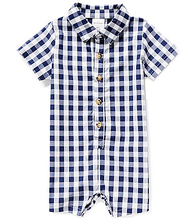 Image of Starting Out Baby Boys 3-24 Months Short Sleeve Button Down Gingham Shortalls