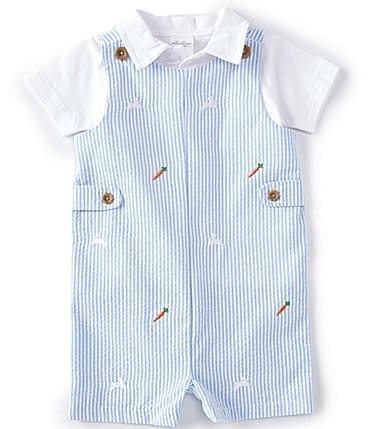 Image of Starting Out Baby Boys Newborn-24 Months Seersucker Bunny/Carrot Embroidered Shortall & Polo Shirt 2-Piece Set