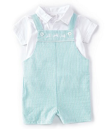 Image of Starting Out Baby Boys Newborn-24 Months Stripe Seersucker Bunny Embroidered Shortall & Polo Shirt 2-Piece Set