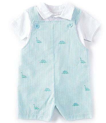 Image of Starting Out Baby Boys Newborn-24 Months Stripe Seersucker Embroidered Dino Shortall & Polo Shirt 2-Piece Set