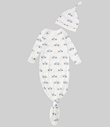 Image of Starting Out Baby Boys Newborn-6 Months Truck Print Long Sleeve Knotted Gown & Hat Set
