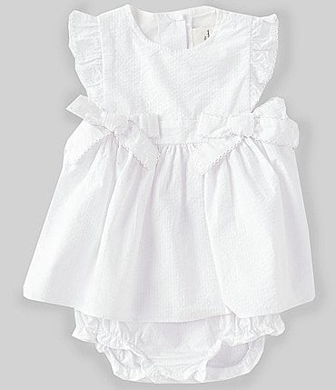 Image of Starting Out Baby Girl 3-24 Months Ruffle Cap Sleeve Bow Tie Seersucker Dress and Matching Diaper Set