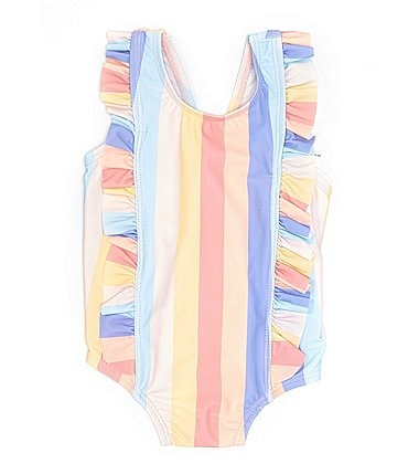 Image of Starting Out Baby Girl 3-24 Months Ruffle Rainbow Stripe Print Swimsuit