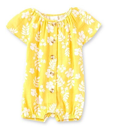 Image of Starting Out Baby Girl 3-24 Months Short Sleeve Floral Print Button Down Shortall Romper