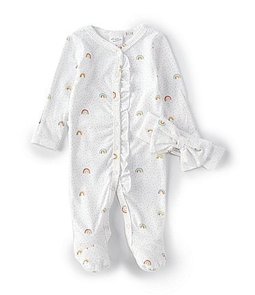 Image of Starting Out Baby Girl Newborn-6 Months Long Sleeve Rainbow Printed Knit Coverall & Coordinating Bow Headband Set