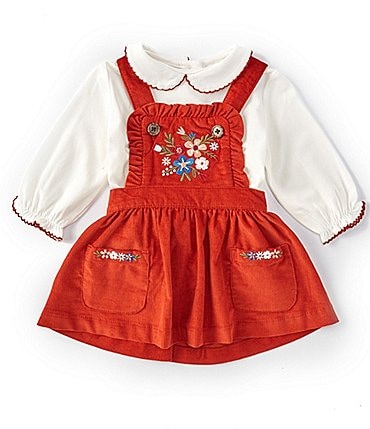 Image of Starting Out Baby Girls 3-24 Months Long Sleeve Peter Pan Collar Floral Embroidered Corduroy Jumper 2-Piece Set