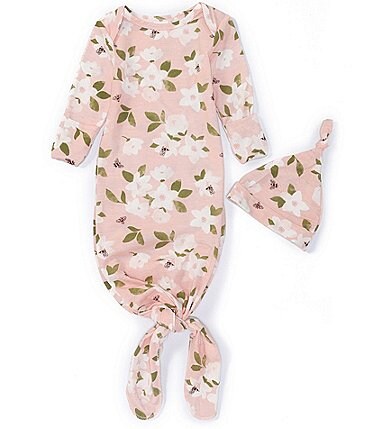 Image of Starting Out Baby Girls Newborn- 6 Months Floral  Bee Print Long Sleeve Knot Gown and Matching Hat 2-Piece Set