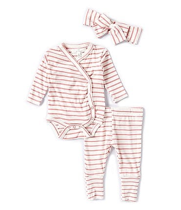 Image of Starting Out Baby Girls Newborn-9 Months Stripe Kimono Knit Long Sleeve 3-Piece Rib Take Me Home Set