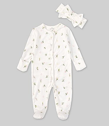 Image of Starting Out Baby Girls Newborn-9 Months Long Sleeve Footed Floral Bouquet Print Coverall & Headband Set