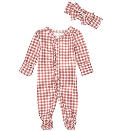 Image of Starting Out Baby Girls Newborn-9 Months Long Sleeve Gingham Print Footed Coveralls