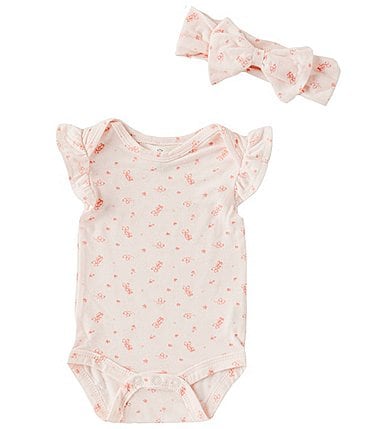 Image of Starting Out Baby Girls Newborn-9 Months Round Neck Ruffle Cap Sleeve Ballet Print Bodysuit & Bow Set