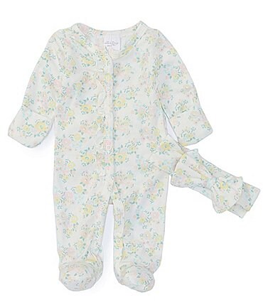 Image of Starting Out Baby Girls Preemie-9 Months Floral Print Long Sleeve Ruffle Footed Coverall & Matching Bow Headband 2-Piece Set