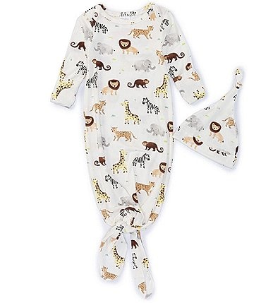 Image of Starting Out Baby Newborn-6 Months Jungle Print Long Sleeve Knot Gown & Matching Hat 2-Piece Set