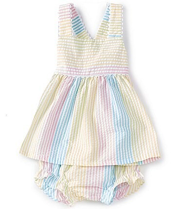 Image of Starting Out Button Baby Girl 3-24 Months Bow Rainbow Dress Set