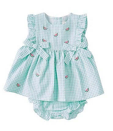 Image of Starting Out Button Baby Girl 3-24 Months Checked Sleeveless Ruffle Watermelon Bow Dress Set