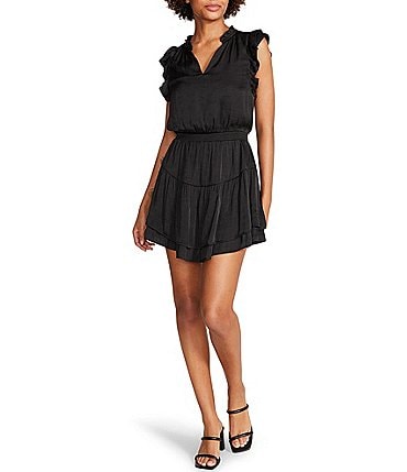 Image of Steve Madden Prairie Dreams Satin V-Neck Ruffle Cap Sleeve Mini Blouson Dress