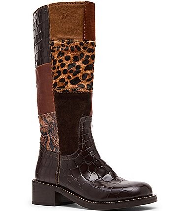 Image of Steve Madden Riggs Leather and Suede Patchwork Animal Print Tall Boots