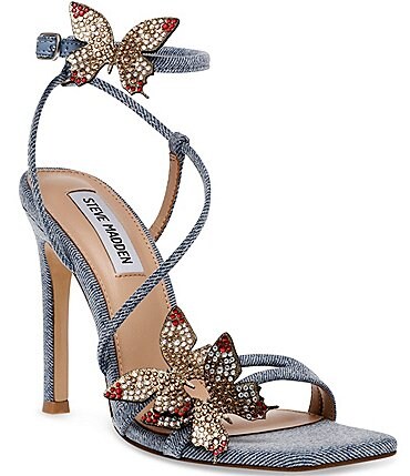 Image of Steve Madden Uma Denim Strappy Rhinestone Butterfly Strappy Dress Sandals