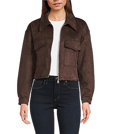 Image of Stoosh Faux Suede Collared Zip Front Flap Pocket Cropped Jacket