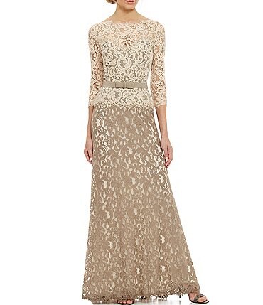 Image of Tadashi Shoji Illusion Boat Neck 3/4 Sleeve Two Tone Floral Lace Scallop Hem Belted Gown