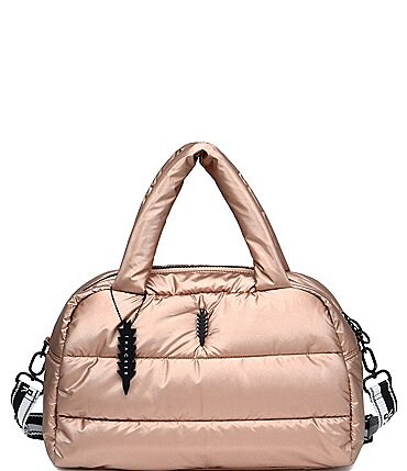 Image of Thacker Quinn Puffy Quilted Metallic Rose Gold Logo Strap Duffle Bag