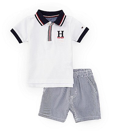Image of Tommy Hilfiger Baby Boys 12-24 Months Short Sleeve Pique Knit Polo Shirt & Vertical-Striped Yarn-Dyed Corded Shorts Set