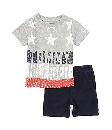 Image of Tommy Hilfiger Baby Boys 12-24 Months Short Sleeve Stars & Stripes Americana Jersey T-Shirt & Solid Twill Short Set