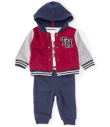 Image of Tommy Hilfiger Baby Boys 3-18 Months Long Sleeve Varsity Jacket, Short Sleeve Bodysuit & Solid Fleece Jogger Pants