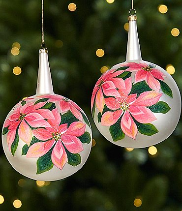 Image of Trimsetter Deck The Halls Collection Poinsettia Ball Glass Ornament 2-Piece Set