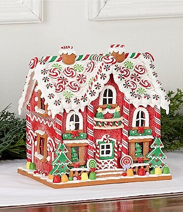Image of Trimsetter Gingerbread Collection LED Lighted Peppermint Roof Red Gingerbread House