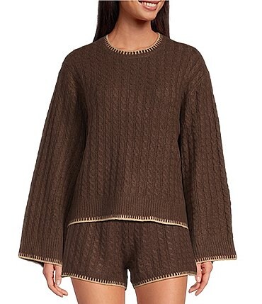 Image of UGG Rylynn Cable Knit Long Bell Sleeves Round Neck Coordinating Pullover