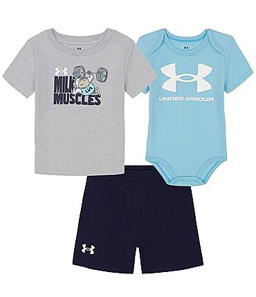 Image of Under Armour Baby Boys Newborn-12 Months Short Sleeve Bodysuit, Short Sleeve Milk Muscles T-Shirt & Shorts 3-Piece Set