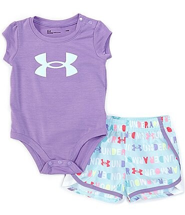 Image of Under Armour Baby Girls 3-24 Months Short-Sleeve Blocked Wordmark Bodysuit & Shorts Set