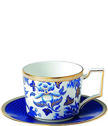 Image of Wedgwood Blue Hibiscus Bone China Iconic Teacup & Saucer
