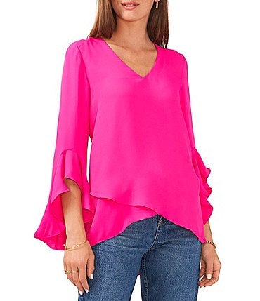 Image of Vince Camuto 3/4 Flutter Sleeve V-Neck Crisscross Front Tunic