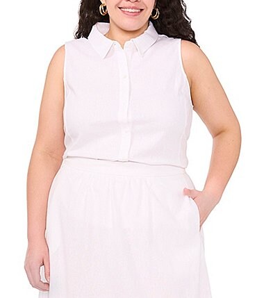 Image of Vince Camuto Plus Size Point Collar Sleeveless Button Down Blouse