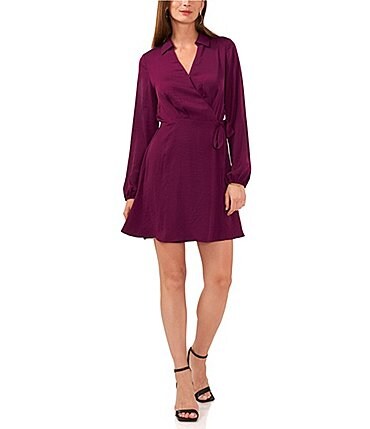 Image of Vince Camuto Point Collar Long Sleeve Rumple Wrap Front Dress