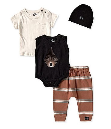 Image of Volcom Baby Boys Newborn-9 Months Sleeveless Icon Graphic Bodysuit, Short Sleeve Patch Pocket T-Shirt & Striped Jogger Pants Set