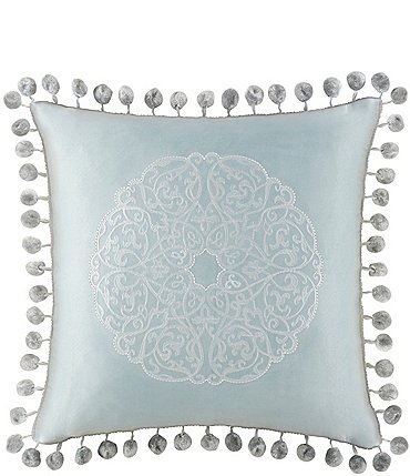 Image of Waterford Jonet Ball-Fringed Medallion-Embroidered Satin Square Pillow