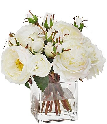 Image of Winward Faux Flowers Mix White Rose In Square Glass Vase