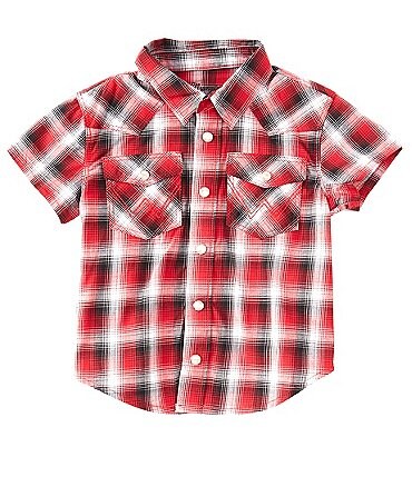 Image of Wrangler® Baby Boys 12-24 Months Short Sleeve Plaid Snap Front Shirt