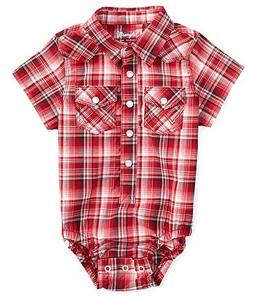 Image of Wrangler® Baby Boys Newborn-9 Months Short Sleeve Plaid Bodysuit