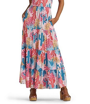 Image of Wrangler&reg; Cactus Printed Coordinating Tiered Pull-On Maxi Skirt