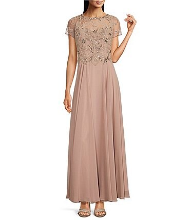 Image of Xscape Beaded Bodice Round Neck Short Illusion Sleeve Chiffon Gown