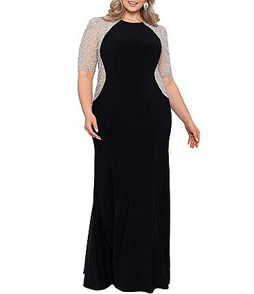 Image of Xscape Plus Size Short Sleeve Crew Neck Beaded Gown
