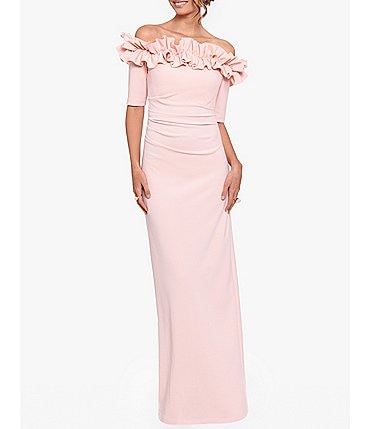Image of Xscape Ruffled Off-the-Shoulder Short Sleeve Crepe Sheath Gown