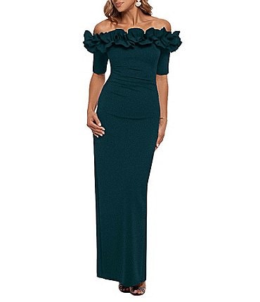 Image of Xscape Ruffled Off-the-Shoulder Short Sleeve Crepe Sheath Gown