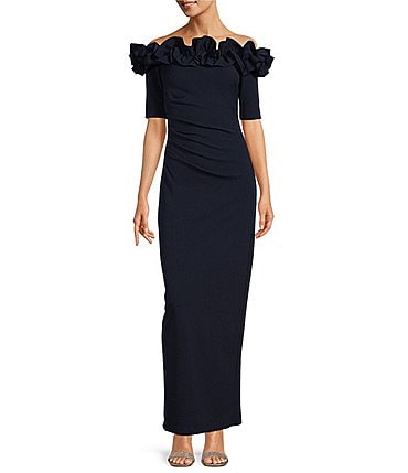 Image of Xscape Ruffled Off-the-Shoulder Short Sleeve Crepe Sheath Gown