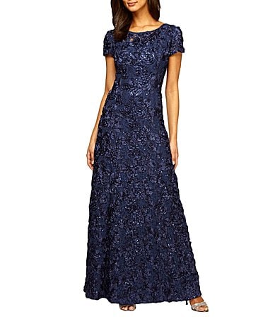 ALEX EVENINGS ~ Sequin Floral Lace Ribbon Rosette Round Neck Short Sleeve Gown