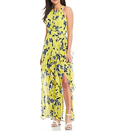 eliza j ruffle high neck floral chiffon dress